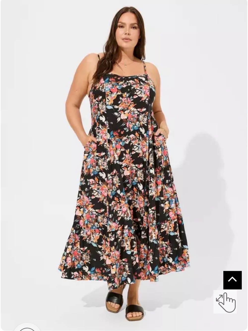 Black Floral Maxi Dress with Adjustable Straps and Pockets